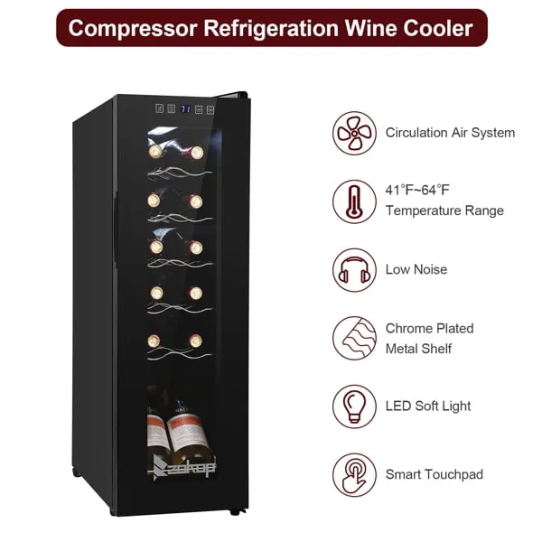 12 Bottle Compressor Wine Cooler Refrigerator, White Red Wine Champagne Fridge Chiller Countertop Wine Cooler, Freestanding Mini Wine Fridge Electronic Wine Cabinet w/Digital Control, Glass Door