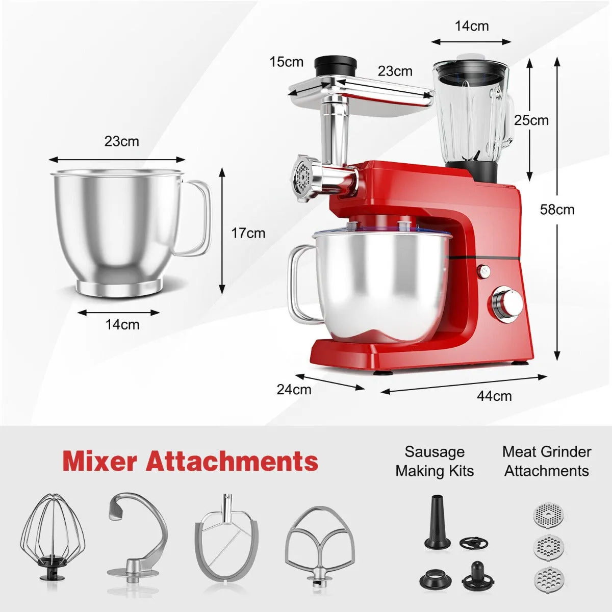 3 in 1 Electric Food Stand Mixer with Dough Hook and Mixing Bowl-Red