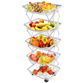 5 Tier Foldable Fruit Basket Kitchen Storage Rolling Cart, Living Room Baskets