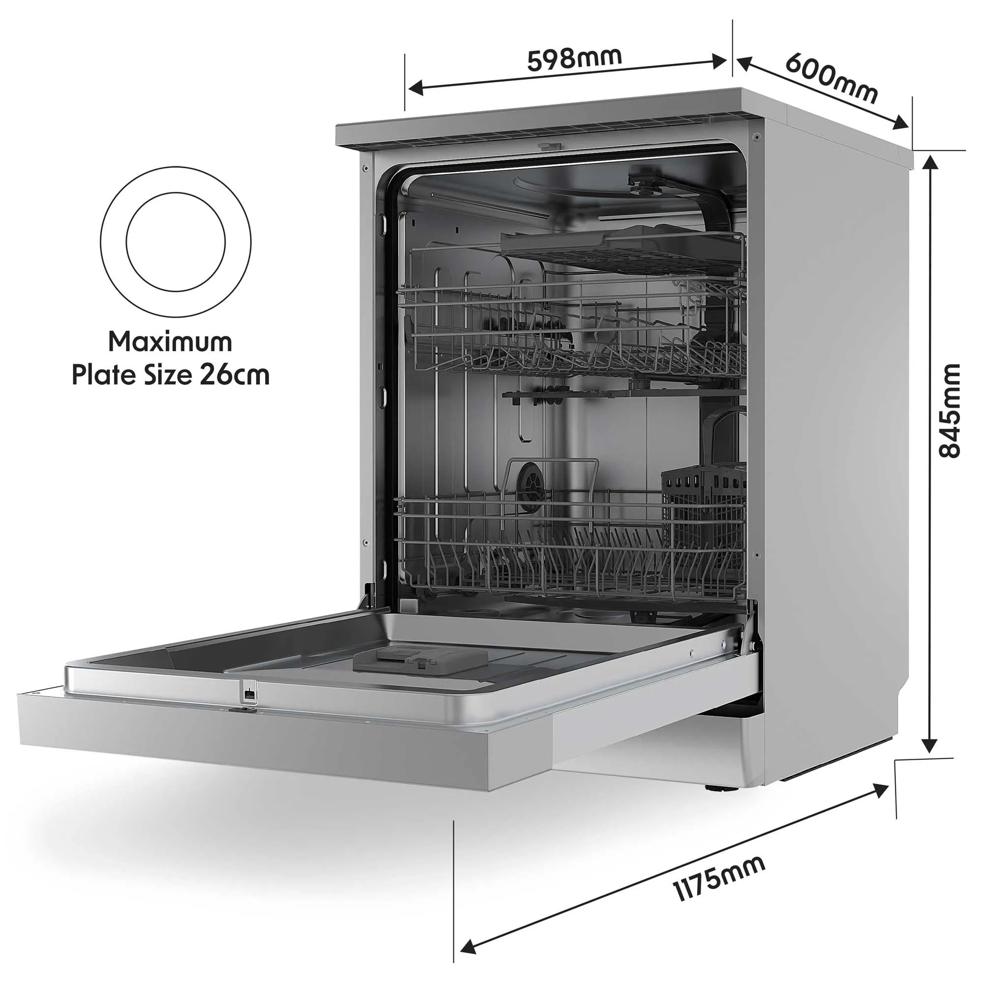 60cm Freestanding Dishwasher, 14 Place Settings, 8 Programs, LED Display, Silver - DH167