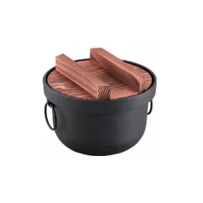 Traditional Japanese Tetsugama 2-Go Iron Rice Cooker Pot with Wooden Tray, New