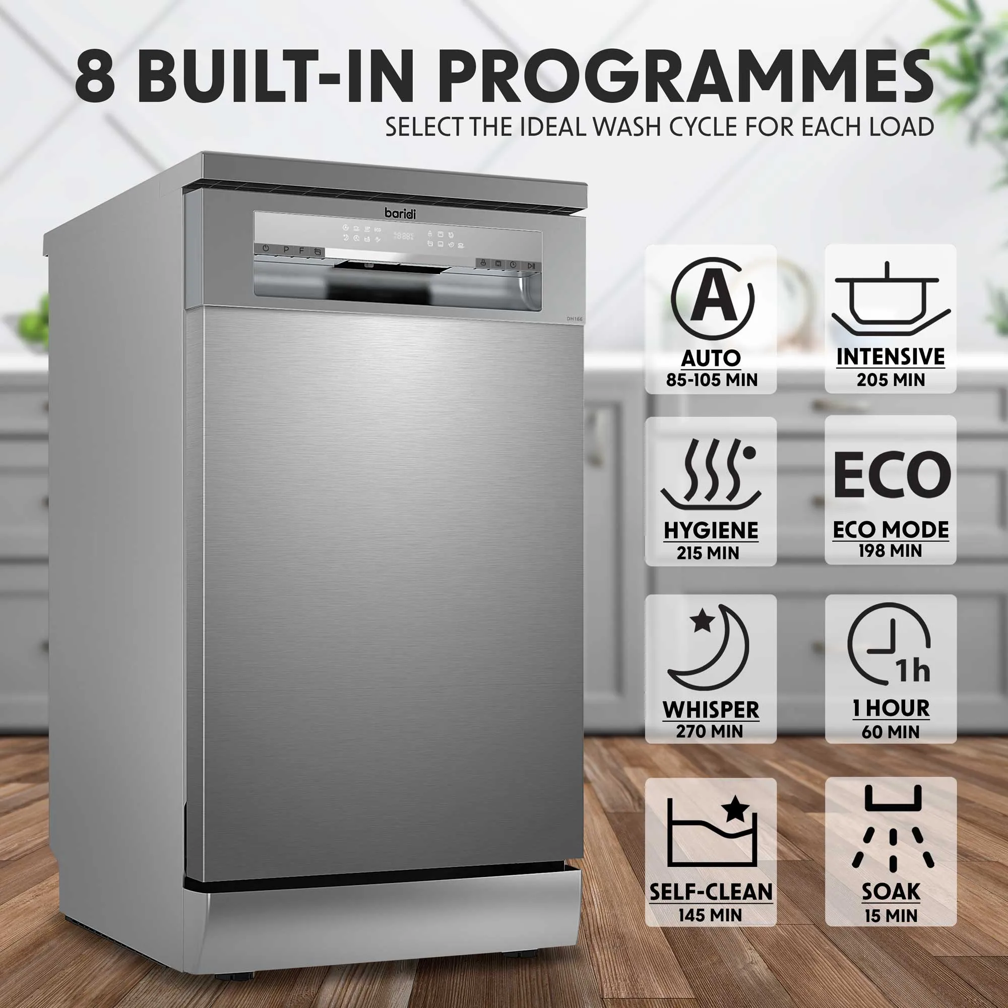 Baridi 45cm Slimline Freestanding Dishwasher, 10 Place Settings, 8 Programs, LED Display, Silver - DH166