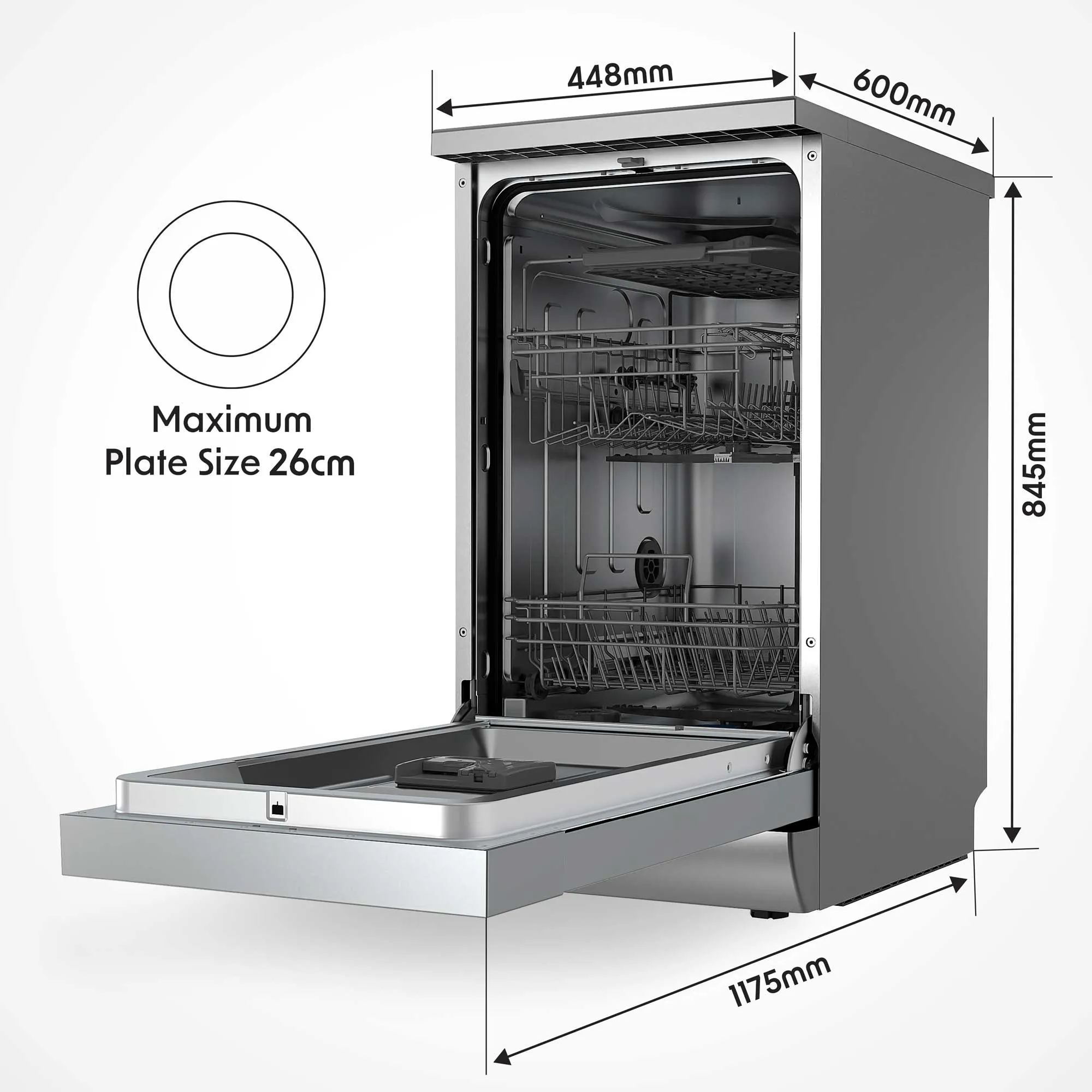 Baridi 45cm Slimline Freestanding Dishwasher, 10 Place Settings, 8 Programs, LED Display, Silver - DH166