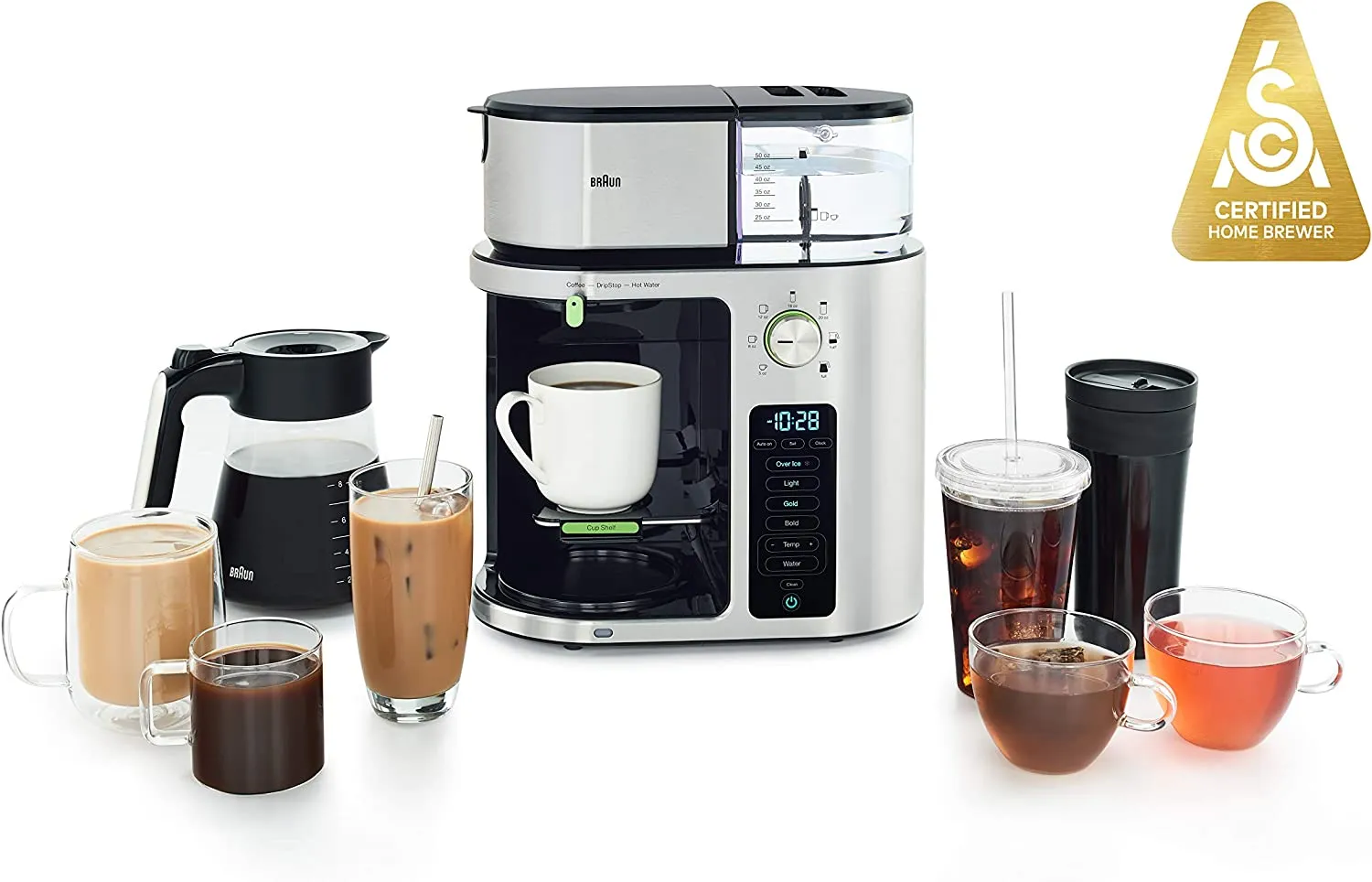 Braun MultiServe Coffee Machine 7 Programmable Brew Sizes / 3 Strengths   Iced Coffee & Hot Water for Tea, Glass Carafe (10-Cup), Stainless Steel, KF9170SI 220V