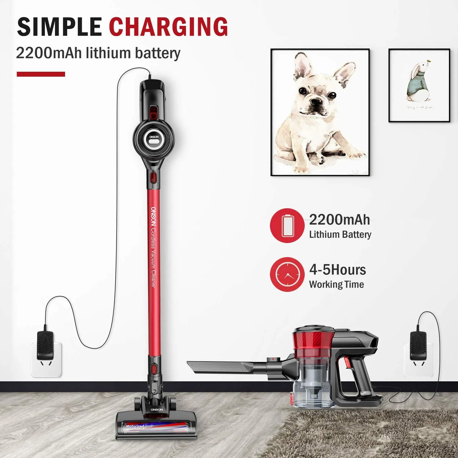 Cordless Vacuum, ONSON Stick Vacuum Cleaner, Powerful Cleaning Lightweight Handheld Vacuum with Rechargeable Lithium Ion Battery