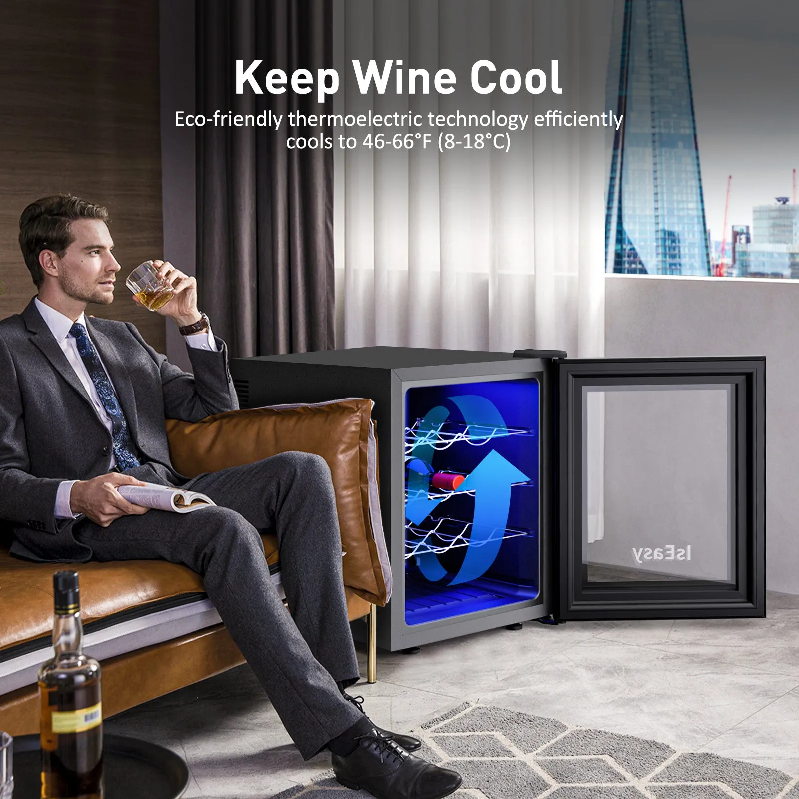 IsEasy 12-Bottle Wine Cooler Refrigerator, 46℉-66℉, Mini Wine Fridge with Double-Layer Tempered Glass Door, for Home, Kitchen, Office