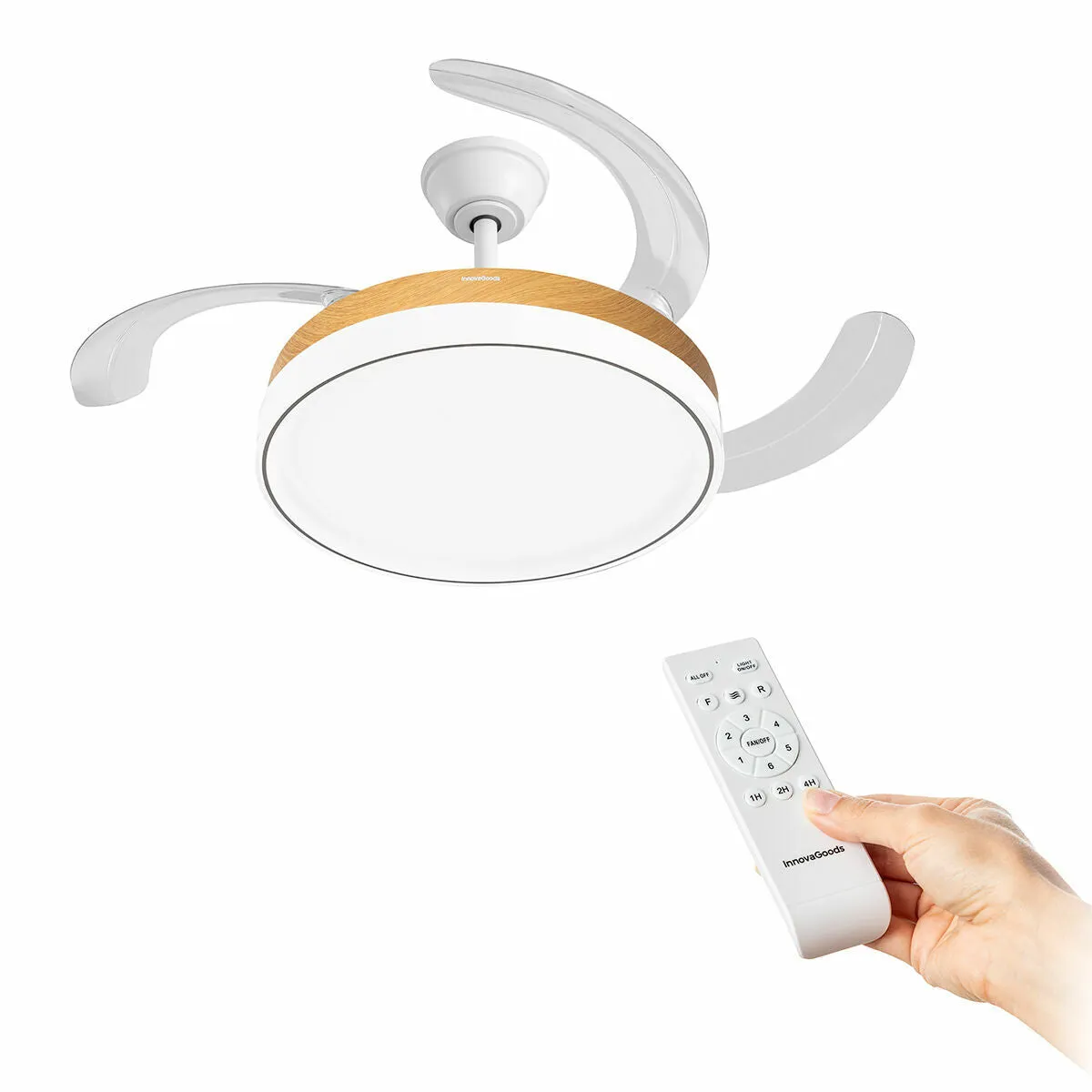 LED Ceiling Fan with 4 Retractable Blades Blalefan InnovaGoods Wood 72 W Ø49,5-104 cm