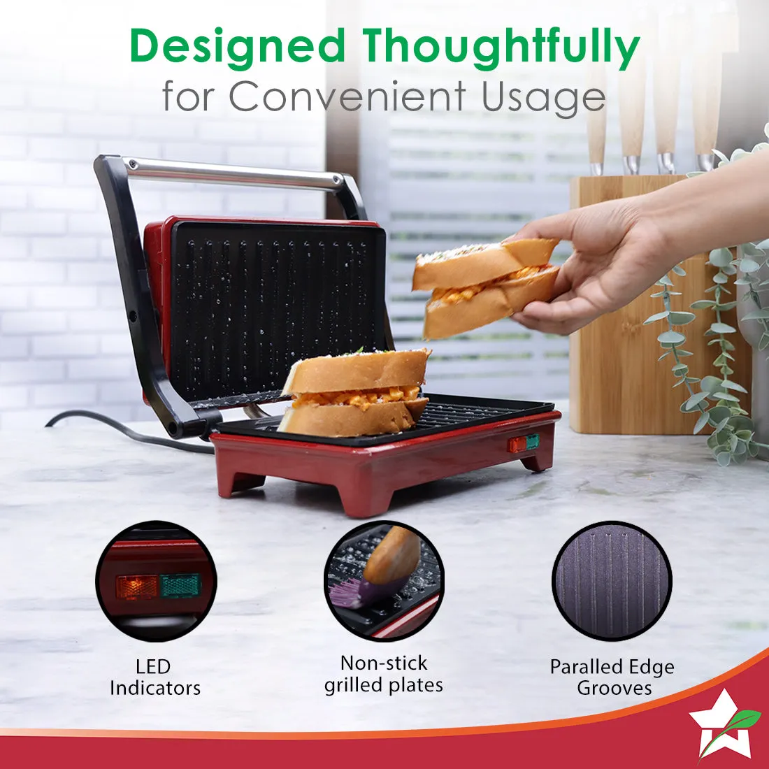 Sanjeev Kapoor Tandoor Mini | Crimson Edge Electric Contact Grill & Sandwich Maker | 3-in-1 Appliance | 700 Watt | Healthy Non-Stick Coating | 1 Year Warranty | Red