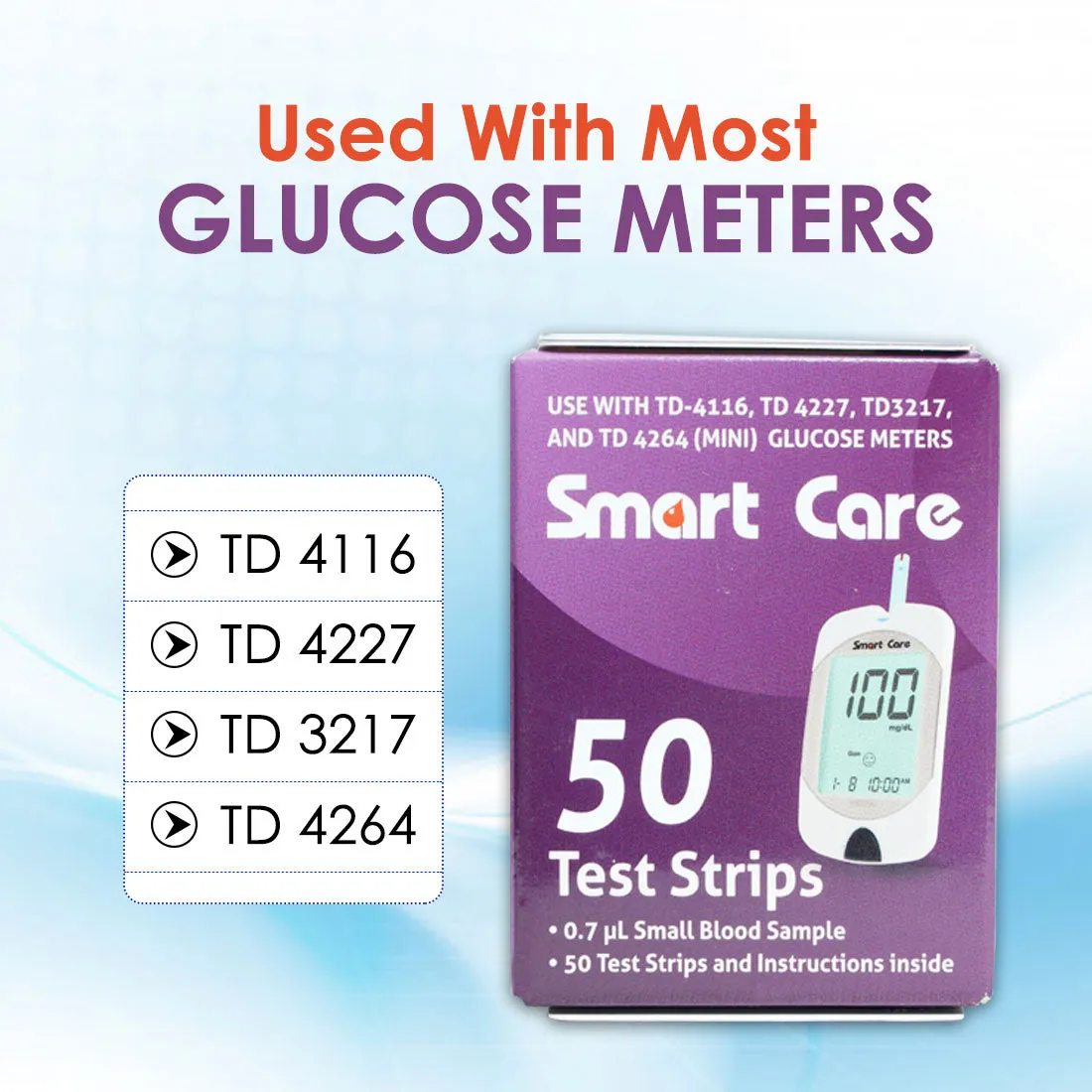 Smart Care Blood Glucose Strips 50's (Pack of 4) with Smart Care Blood Glucose Monitor Free