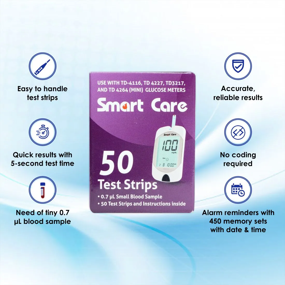 Smart Care Blood Glucose Strips 50's (Pack of 4) with Smart Care Blood Glucose Monitor Free